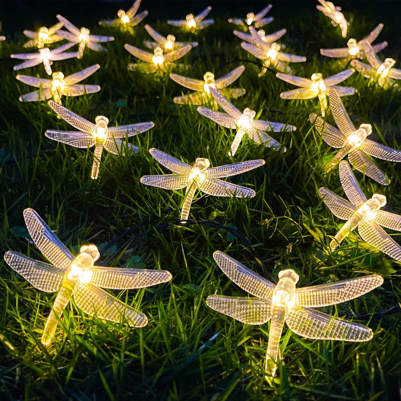 SmilingTown Solar Dragonfly String Light 30LED 21ft Garden Stake Lights Waterproof Outdoor Twinkle Fairy Lights with 8 Lighting Modes for Trees, Patio, Fence Christmas Decor (Warm White) - Image 1